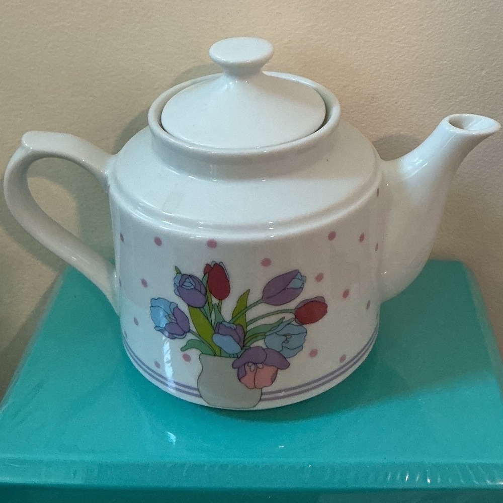 Vintage Rare Made in Japan Floral Tulip Polka‎ Dot Ceramic Teapot with Lid White